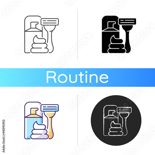 Razor and shaving cream icon. Facial skin care, hair removal for man. Lotion for aftershave. Everyday daily routine. Linear black and RGB color styles. Isolated vector illustrations