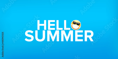 Hello summer concept with yellow Emoji sticker with mouth medical protection mask and sunglasses isolated on blue horizontal banner background. Vector hello summer poster or flyer with emoji