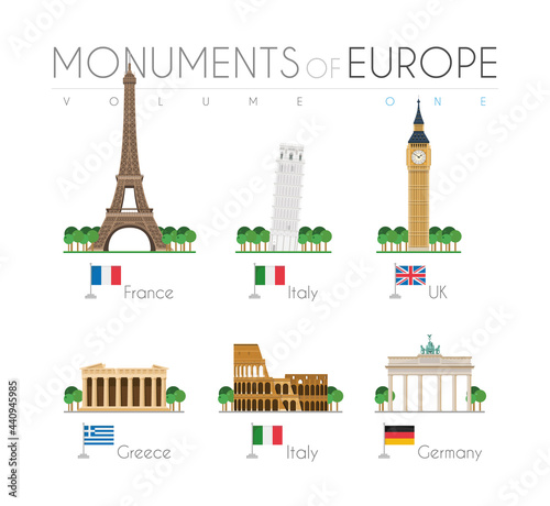 Monuments of Europe in cartoon style Volume 1: Eiffel Tower (France), Pisa Leaning Tower (Italy), Big Ben (UK), Parthenon (Greece), Coloseum (Italy) and Brandenburg Gate (Germany). Vector illustration