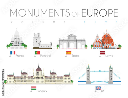 Платно Monuments of Europe in cartoon style Volume 5: Sacre Coeur (France), Belem Tower (Portugal), Alcala Gate (Spain), Blackheads House (Latvia), Hungarian Parliament (Hungary) and Tower Bridge (UK)