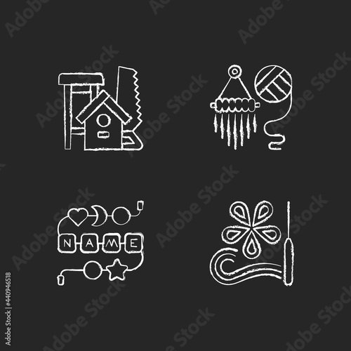Creative activities chalk white icons set on dark background. Woodworking. Yarn wall hangings. Personalised silicone teether chain. Paper quilling. Isolated vector chalkboard illustrations on black