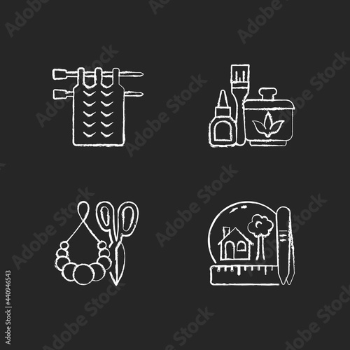 Creative crafts chalk white icons set on dark background. Knitting. Handmade pom pom jewelry. Decoupage. Creating miniatures. Handmade scarf. Isolated vector chalkboard illustrations on black