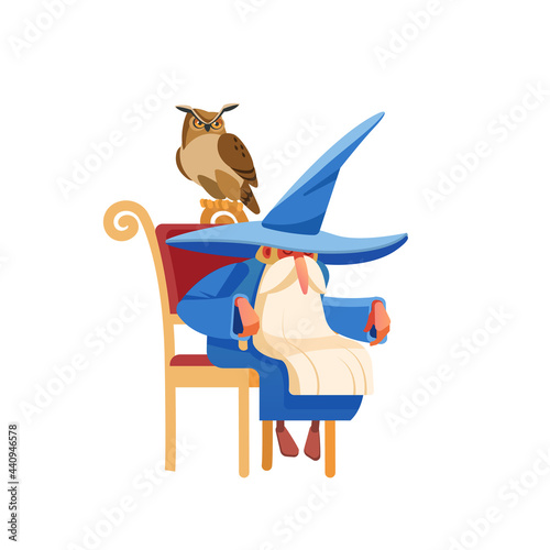 Magic old man enchanter or wizard character. Tired Old witch man in wizard robe sleeping or resting. Owl guards the sleep of the owner. Cartoon style vector isolated illustration.