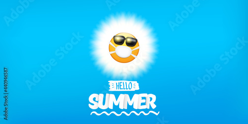 Hello summer concept with yellow Emoji sticker with mouth medical protection mask and sunglasses isolated on blue horizontal banner background. Vector hello summer poster or flyer with emoji