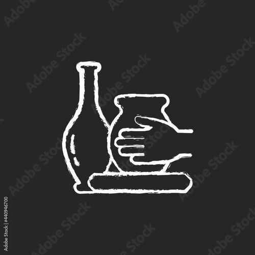 Handmade pottery chalk white icon on dark background. Ceramic vessels creation. Making pottery on wheel. Forming desired shape. Handcrafted sculpture. Isolated vector chalkboard illustration on black