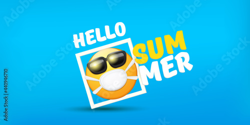 Hello summer concept with yellow Emoji sticker with mouth medical protection mask and sunglasses isolated on blue horizontal banner background. Vector hello summer poster or flyer with emoji