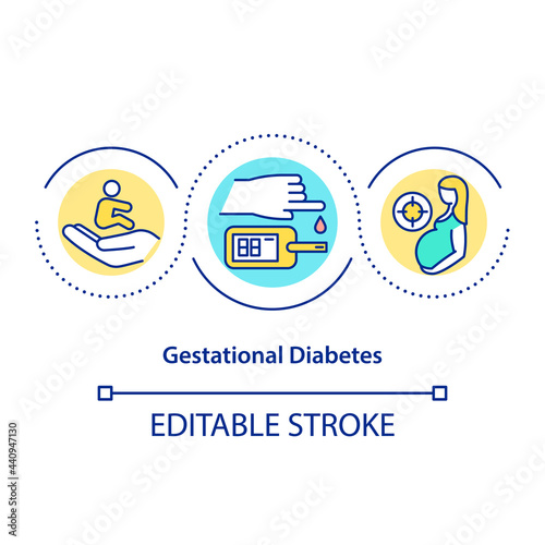 Gestational diabetes concept icon. Woman illness. High blood sugar level during pregnancy abstract idea thin line illustration. Vector isolated outline color drawing. Editable stroke