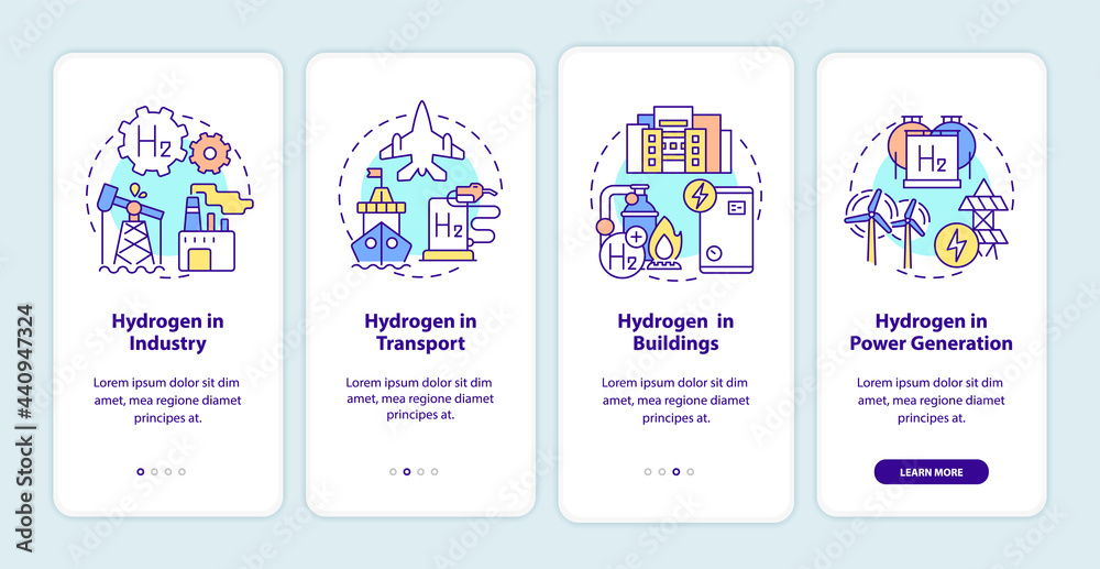 Hydrogen use onboarding mobile app page screen. Industry, transport sector walkthrough 4 steps graphic instructions with concepts. UI, UX, GUI vector template with linear color illustrations