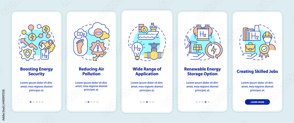 Hydrogen technologies benefits onboarding mobile app page screen. Energy security walkthrough 5 steps graphic instructions with concepts. UI, UX, GUI vector template with linear color illustrations