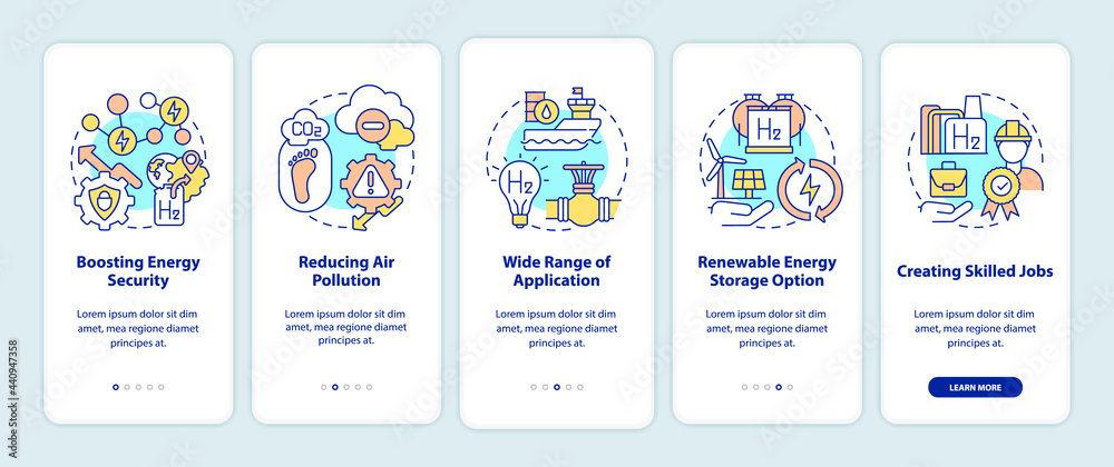 Fototapeta premium Hydrogen technologies benefits onboarding mobile app page screen. Energy security walkthrough 5 steps graphic instructions with concepts. UI, UX, GUI vector template with linear color illustrations