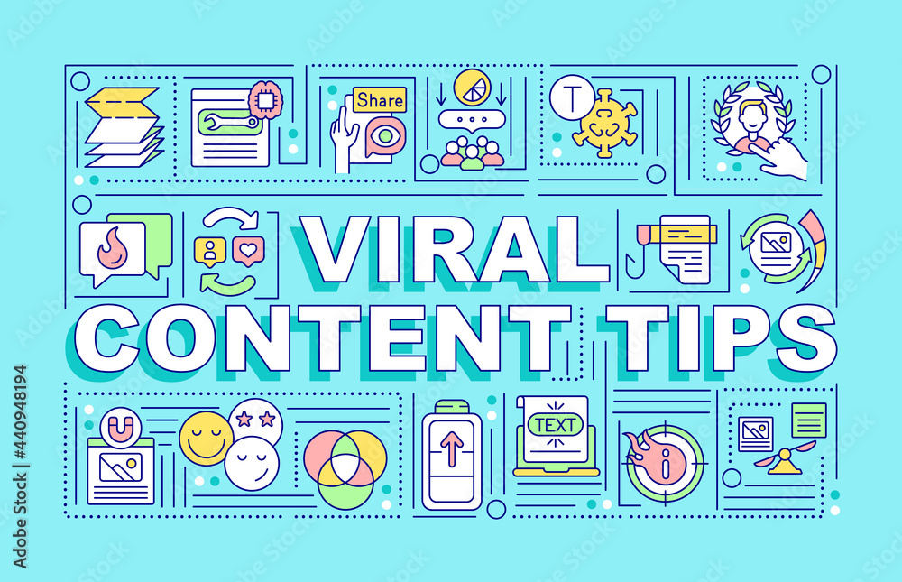 Viral content tips word concepts banner. Product advertisement. Infographics with linear icons on cyan background. Isolated creative typography. Vector outline color illustration with text