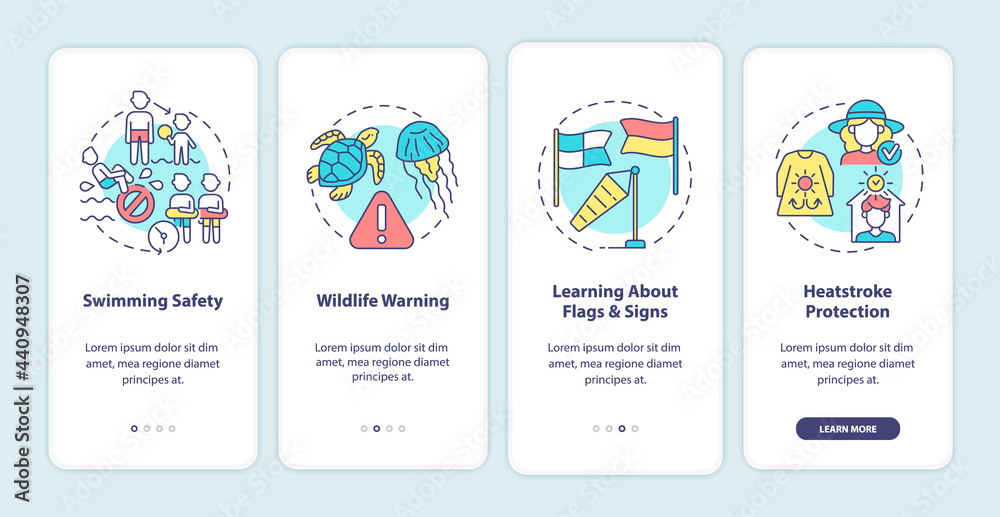 Summer beach safety onboarding mobile app page screen. Heatstroke protection walkthrough 4 steps graphic instructions with concepts. UI, UX, GUI vector template with linear color illustrations