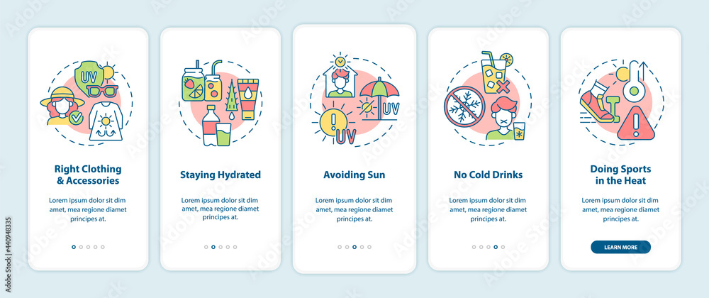 Heatstroke prevention onboarding mobile app page screen. Right clothes, avoiding sun walkthrough 5 steps graphic instructions with concepts. UI, UX, GUI vector template with linear color illustrations Heatstroke prevention onboarding mobile app page screen. Right clothes, avoiding sun walkthrough 5 steps graphic instructions with concepts. UI, UX, GUI vector template with linear color illustrations