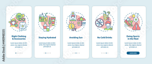 Heatstroke prevention onboarding mobile app page screen. Right clothes, avoiding sun walkthrough 5 steps graphic instructions with concepts. UI, UX, GUI vector template with linear color illustrations