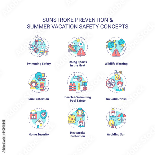 Sunstroke prevention concept icons set. Summer vacation safety idea thin line color illustrations. Sun protection. Doing sports in heat. Vector isolated outline drawings. Editable stroke
