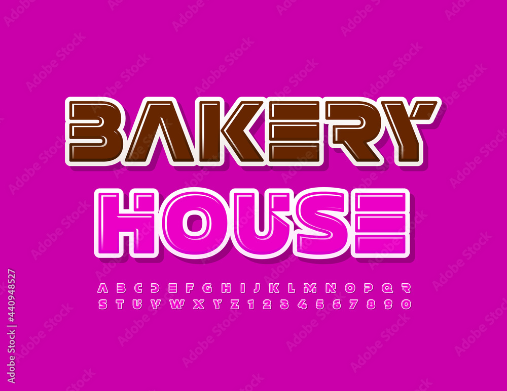 Vector tasty logo Bakery House. Bright Alphabet Letters and Numbers set. Modern Pink Font Vector tasty logo Bakery House. Bright Alphabet Letters and Numbers set. Modern Pink Font