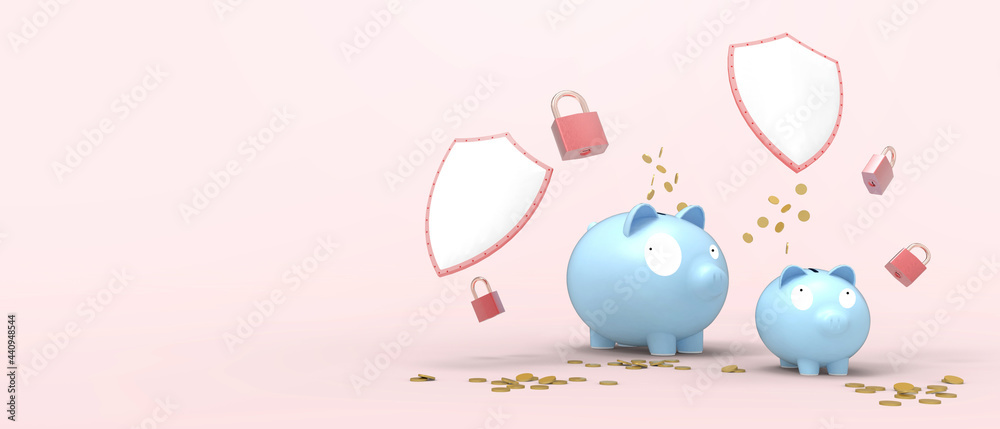 Protection Network data Online Banking and Save money. Safe and secure with Shield on pink background. copy space, blockchain, digital, banner, website -3d Rendering
