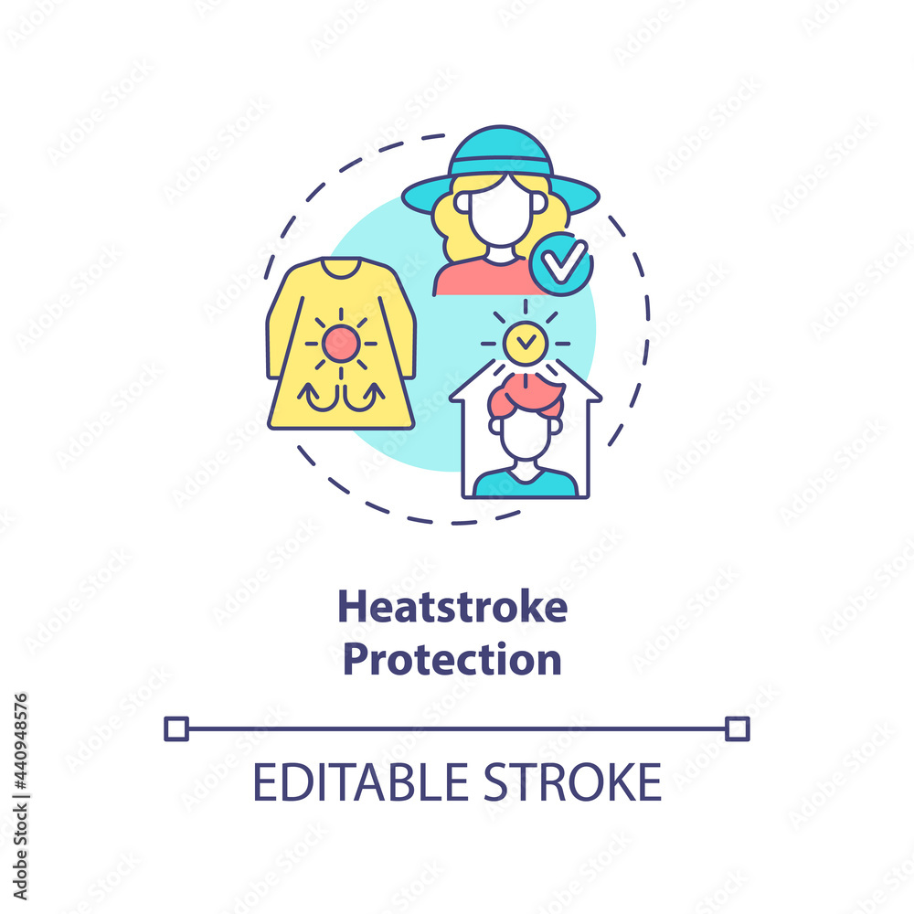 Heatstroke protection concept icon. Summer beach safety abstract idea thin line illustration. Wearing lightweight clothing. Using sunscreen. Vector isolated outline color drawing. Editable stroke