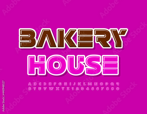 Vector tasty logo Bakery House. Bright Alphabet Letters and Numbers set. Modern Pink Font