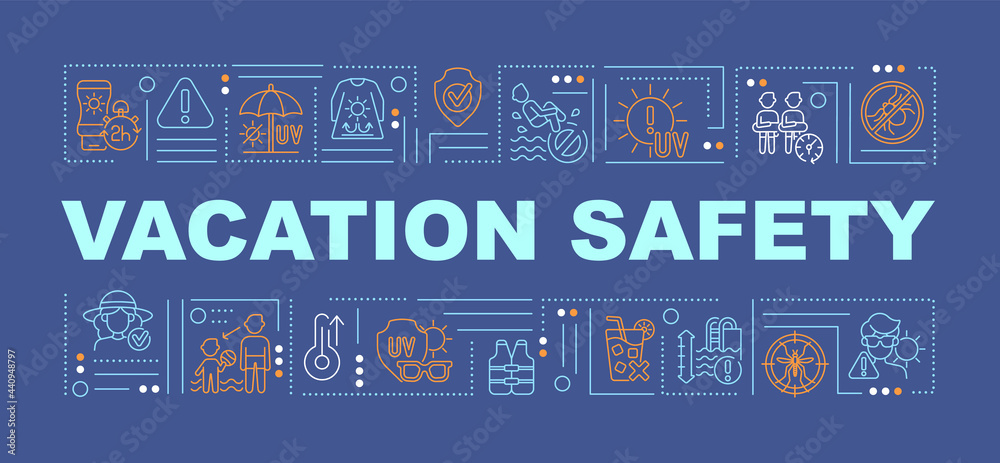 Vacation safety word concepts banner. UV-protective clothing. Avoid bugs. Infographics with linear icons on blue background. Isolated creative typography. Vector outline color illustration with text
