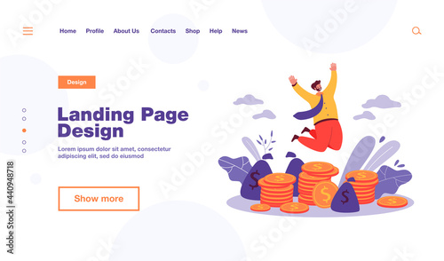 Happy millionaire jumping near pile of coins flat vector illustration. Cartoon businessman or banker celebrating income growth. Finance and stock market concept