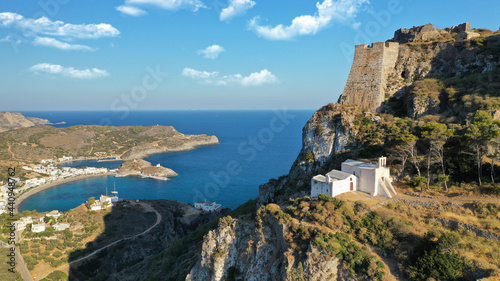 Aerial drone photo of main village "chora" of Kythera island built uphill next to iconic castle, Ionian, Greece