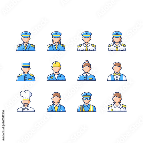 Cruise and hotel staff RGB color icons set. Isolated vector illustrations. Service providers for customers. Comfortable vacation. Proffesional crew controlling simple filled line drawings collection