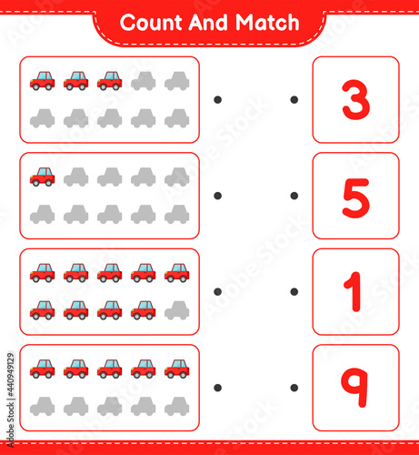 Count and match, count the number of Car and match with the right numbers. Educational children game, printable worksheet, vector illustration