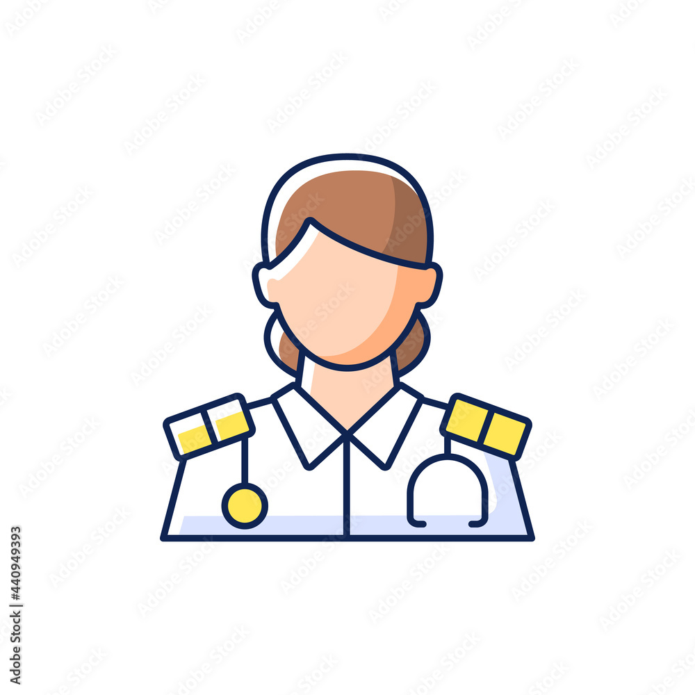Cruise ship nurse RGB color icon. Isolated vector illustration. Proffesional medical help for customers. Health care during traveling. Passengers treatment plan simple filled line drawing