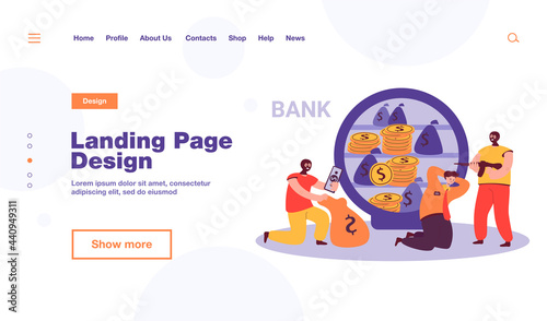 Banking thieves in masks threatening bank workers flat vector illustration. Cartoon robbers taking money from safe. Bank robbery and finance crime concept
