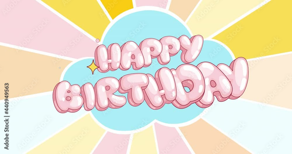 Cartoon kids animation logo Happy birthday and colorful rays rotation