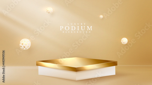 Golden podium with ball 3d style. elegant abstract background with pastel brown. square pedestal shaped for show goods or cosmetic product or stage for award ceremony. vector illustration.