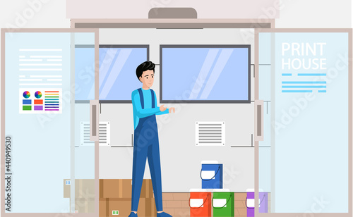 Typography workflow concept. Man looking at inks for printers, paints in containers. Printing publishing document. Employee of printing house counts cans with materials, dyes for printer working