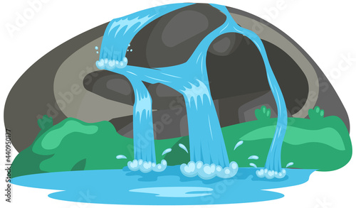Falling water. River waterfall falls from cliff white background. Water fall streams. Tourist attraction with beautiful small waterfall and clear water. Cartoon landscapes with mountains and tree