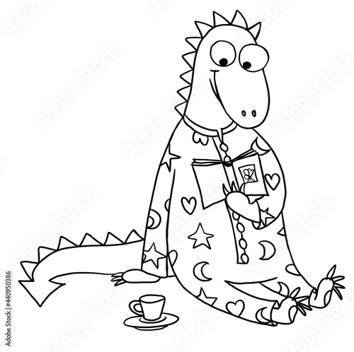 Cute little dinosaur in pajamas sitting on the floor reading a book and drinking tea. Bedtime story. Distancing education. Black and white hand drawn cartoon illustration. Coloring book page. 