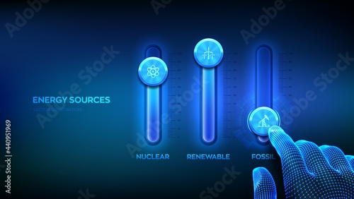 Energy sources control panel for fossil fuel, nuclear fuels and renewable energies. Energy industry sectors concept. Wireframe hand adjust a energy sources mixer. Mixing console. Vector illustration.