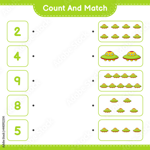 Count and match, count the number of Ufo and match with the right numbers. Educational children game, printable worksheet, vector illustration