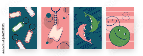 Set of contemporary art posters with bright funny trinkets. Vector illustration. .Bibelots for keys with dolphin, tooth symbols and pendant in colorful design. Bibelot, accessory, souvenir concept