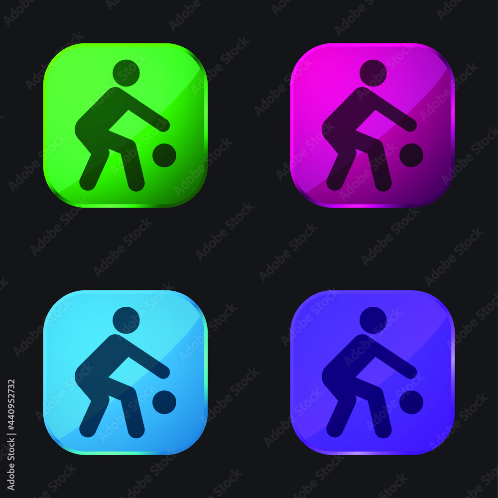 Basketball Player Silhouette With The Ball four color glass button icon Basketball Player Silhouette With The Ball four color glass button icon