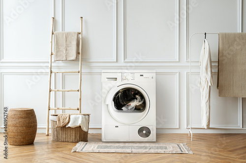 Washing machine in a Japandi interior home photo