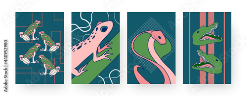 Set of contemporary art posters with bright reptiles. Vector illustration