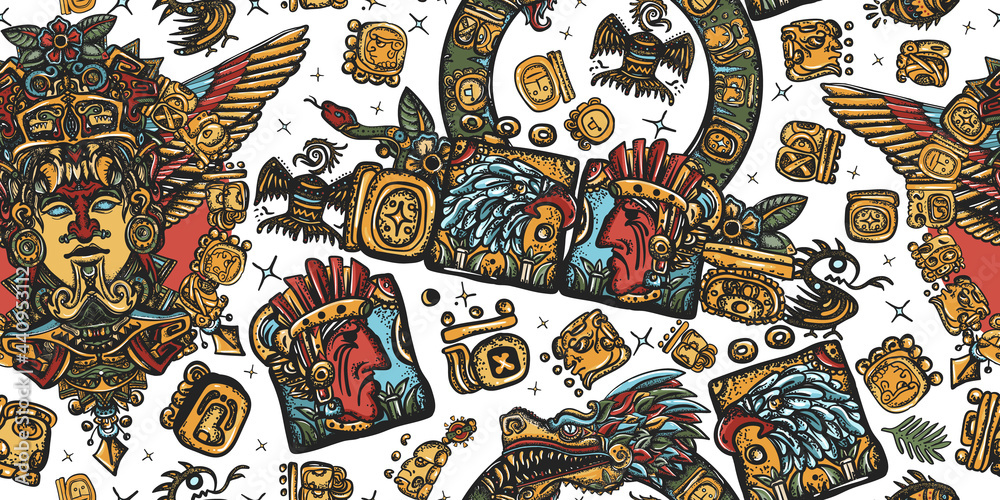 Mayan pattern. Aztec, inca background. Old school tattoo style. Golden  glyphs, Kukulkan, totem, dragon, indian. Ancient mexican civilization Stock  Vector | Adobe Stock