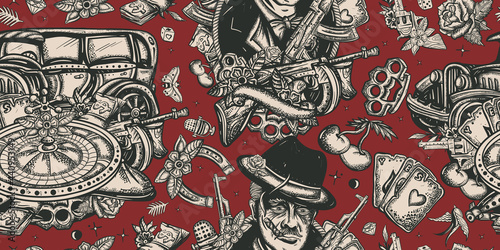 Gangsters pattern. Traditional tattooing style. Criminal, old noir movie. Retro crime seamless background. Boss plays saxophone, bandits weapons, retro car, casino, robbers