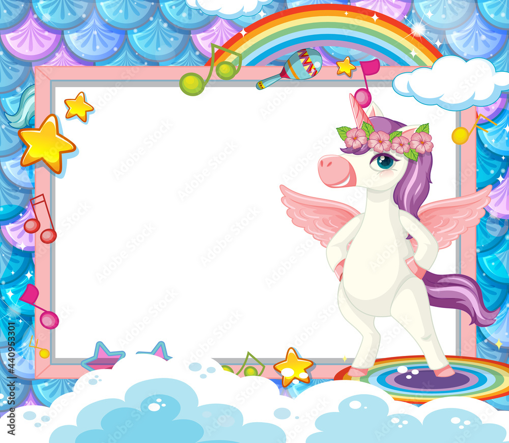 Obraz premium Blank banner with cute unicorn cartoon character