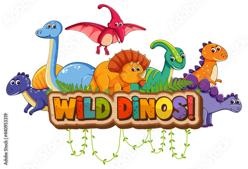 Fototapeta Naklejka Na Ścianę i Meble -  Cute dinosaurs cartoon character with wild dinos font banner