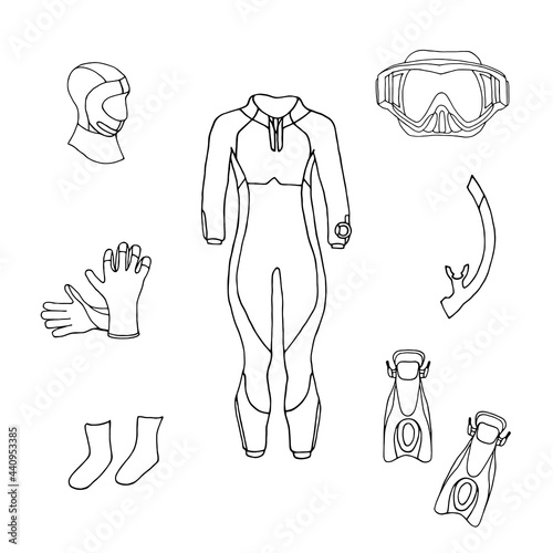 Diving equipment set on a white background. Outline vector drawing.