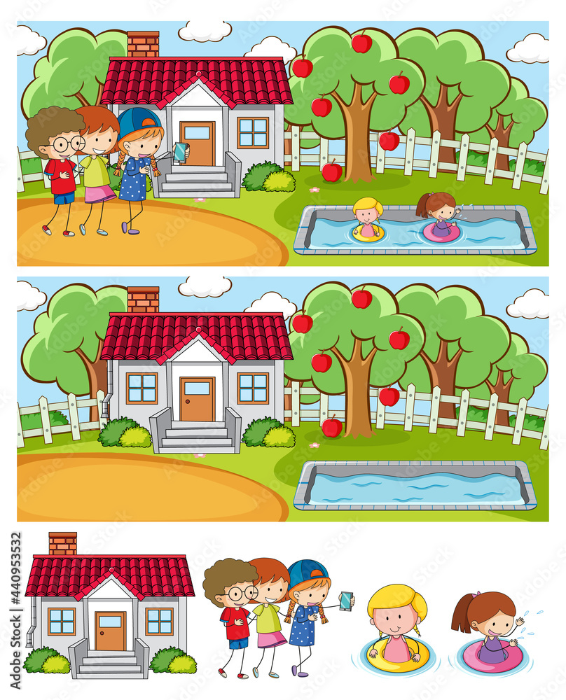 Set of different horizontal scenes background with doodle kids cartoon character