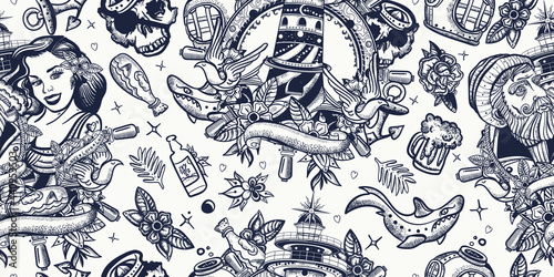 Sea adventure captain, lighthouse and sailor girl pin up style. Seamless pattern. Old school tattoo background