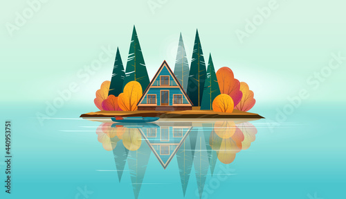 Wooden A-frame house surrounded by fir trees and bushes and a boat near the shore  on a small island on the lake. Lake island is reflected in the water. Flat vector illustration