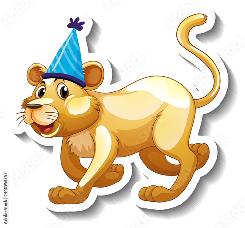 A sticker template with a female lion wearing party hat